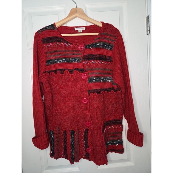 Coldwater Creek Red Patchwork Cardigan XL Teacher Christmas Party Vibes - Picture 1 of 7